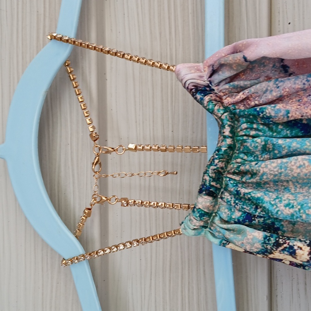$415 Retrofete Anahita Silk Elegant Pink and Green Halter Dress with Rhi… - Picture 4 of 9